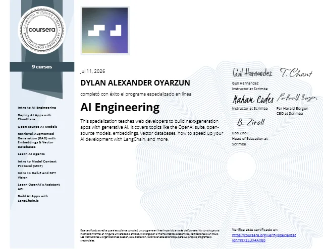 Certificado AI Engineering de Dylan Oyarzún