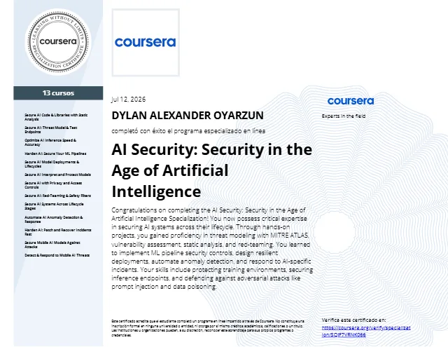 Certificado AI Security: Security in the Age of Artificial Intelligence de Dylan Oyarzún