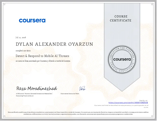 Certificado Detect & Respond to Mobile AI Threats de Dylan Oyarzún