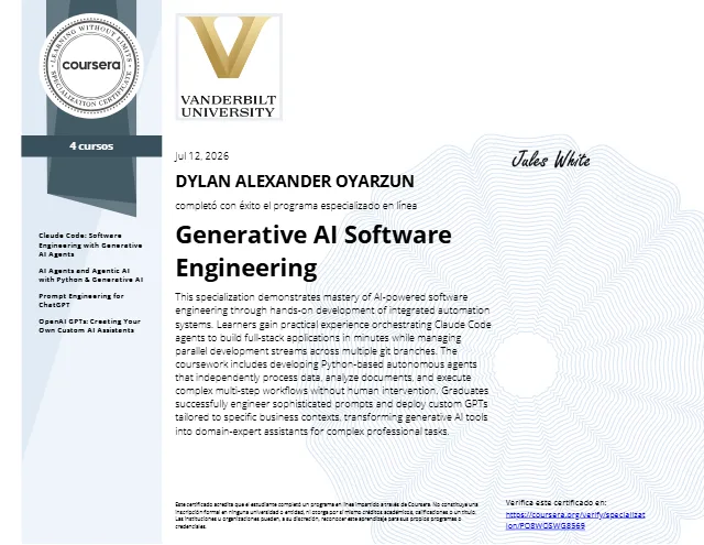 Certificado Generative AI Software Engineering de Dylan Oyarzún