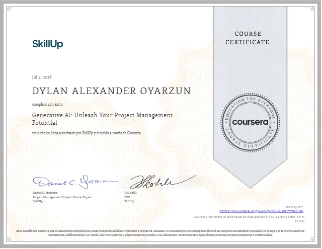Certificado Generative AI: Unleash Your Project Management Potential de Dylan Oyarzún