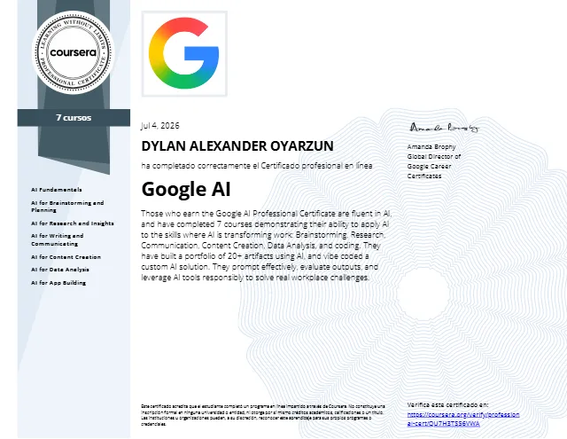 Certificado Google AI Professional Certificate de Dylan Oyarzún