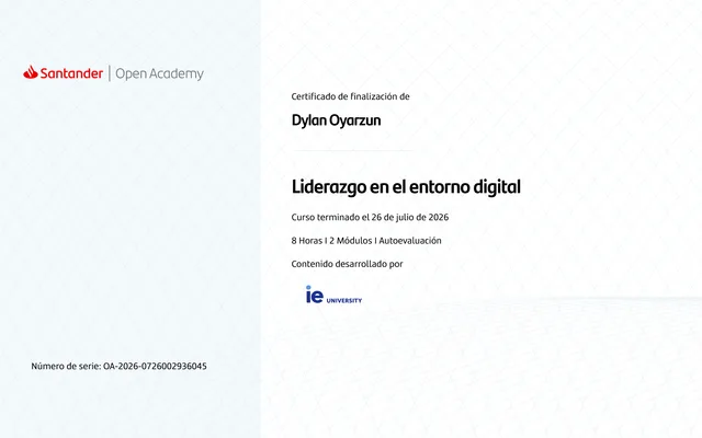 Certificado Liderazgo en el entorno digital de Dylan Oyarzún