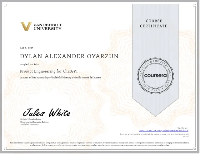 Certificado Prompt Engineering for ChatGPT de Dylan Oyarzún