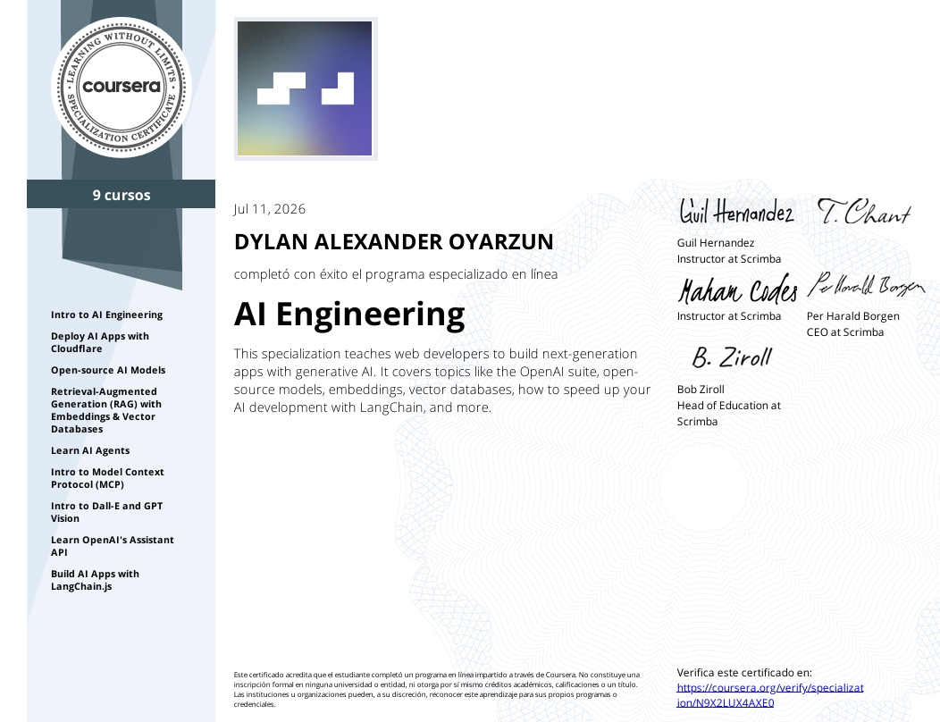 Certificado AI Engineering de Dylan Oyarzún