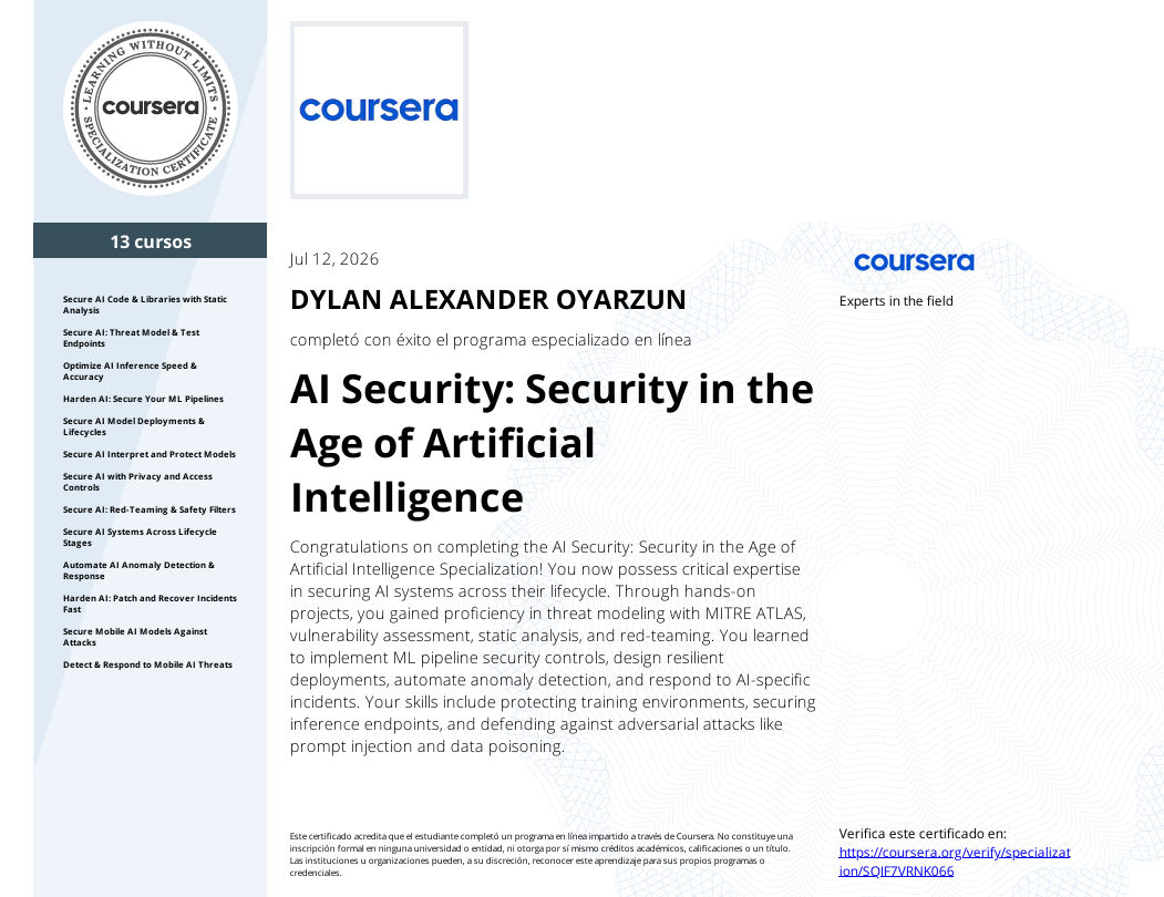 Certificado AI Security: Security in the Age of Artificial Intelligence de Dylan Oyarzún