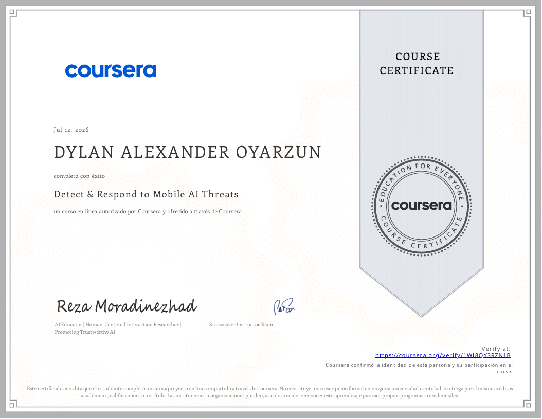 Certificado Detect & Respond to Mobile AI Threats de Dylan Oyarzún