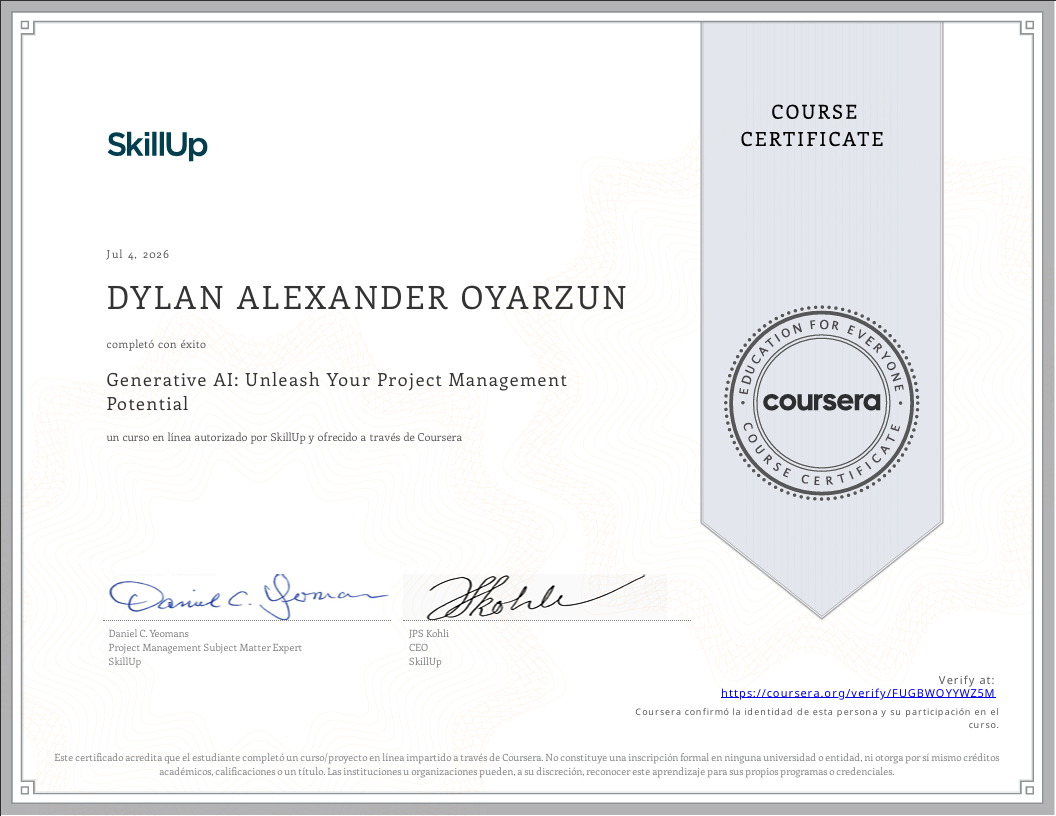 Certificado Generative AI: Unleash Your Project Management Potential de Dylan Oyarzún