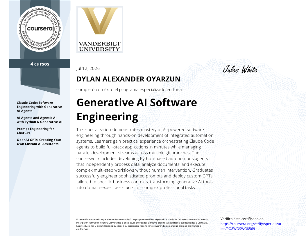 Certificado Generative AI Software Engineering de Dylan Oyarzún