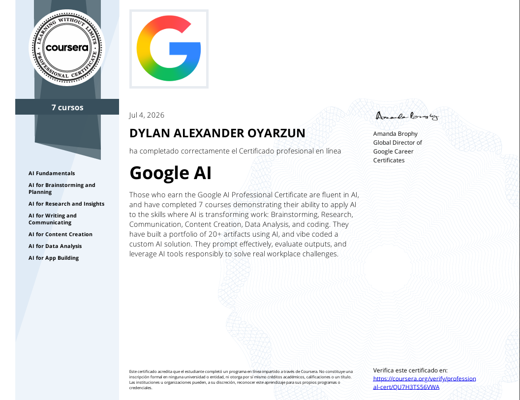 Certificado Google AI Professional Certificate de Dylan Oyarzún