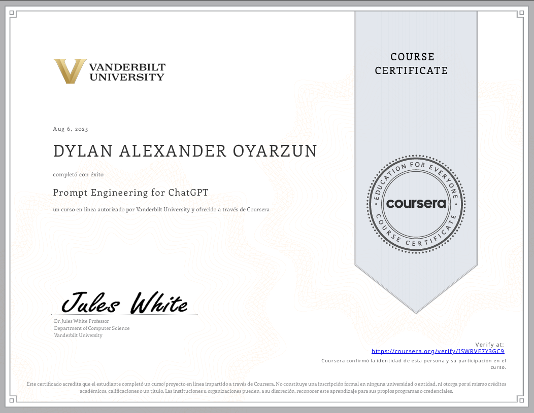Certificado Prompt Engineering for ChatGPT de Dylan Oyarzún
